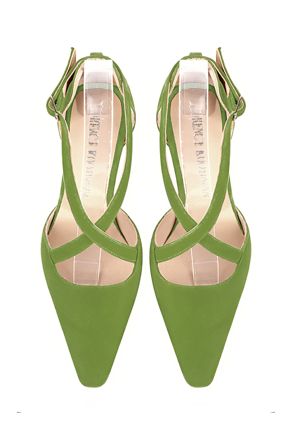 Women's grass green open side dress shoes, with crossed straps. Tapered toe. Low kitten heels - Top view